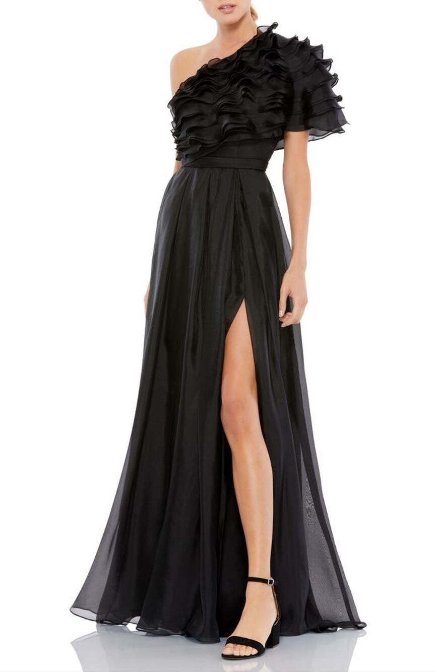Mac Duggal Black Ruffle Layered One Shoulder Evening Formal Gown Size 8